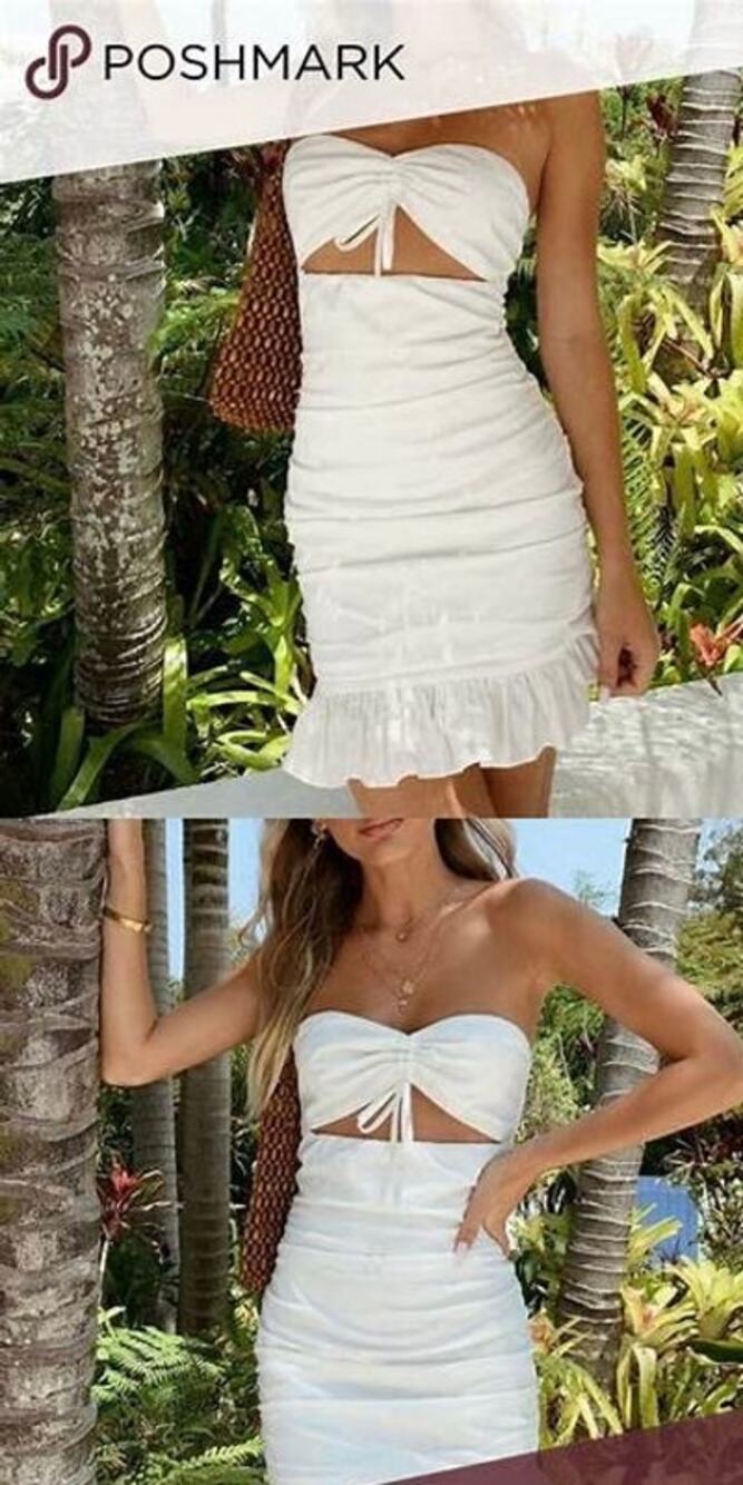 Tiger Mist Calayan White Ruched Strapless Bandeau Ruffle Hem Mini Dress Sz S